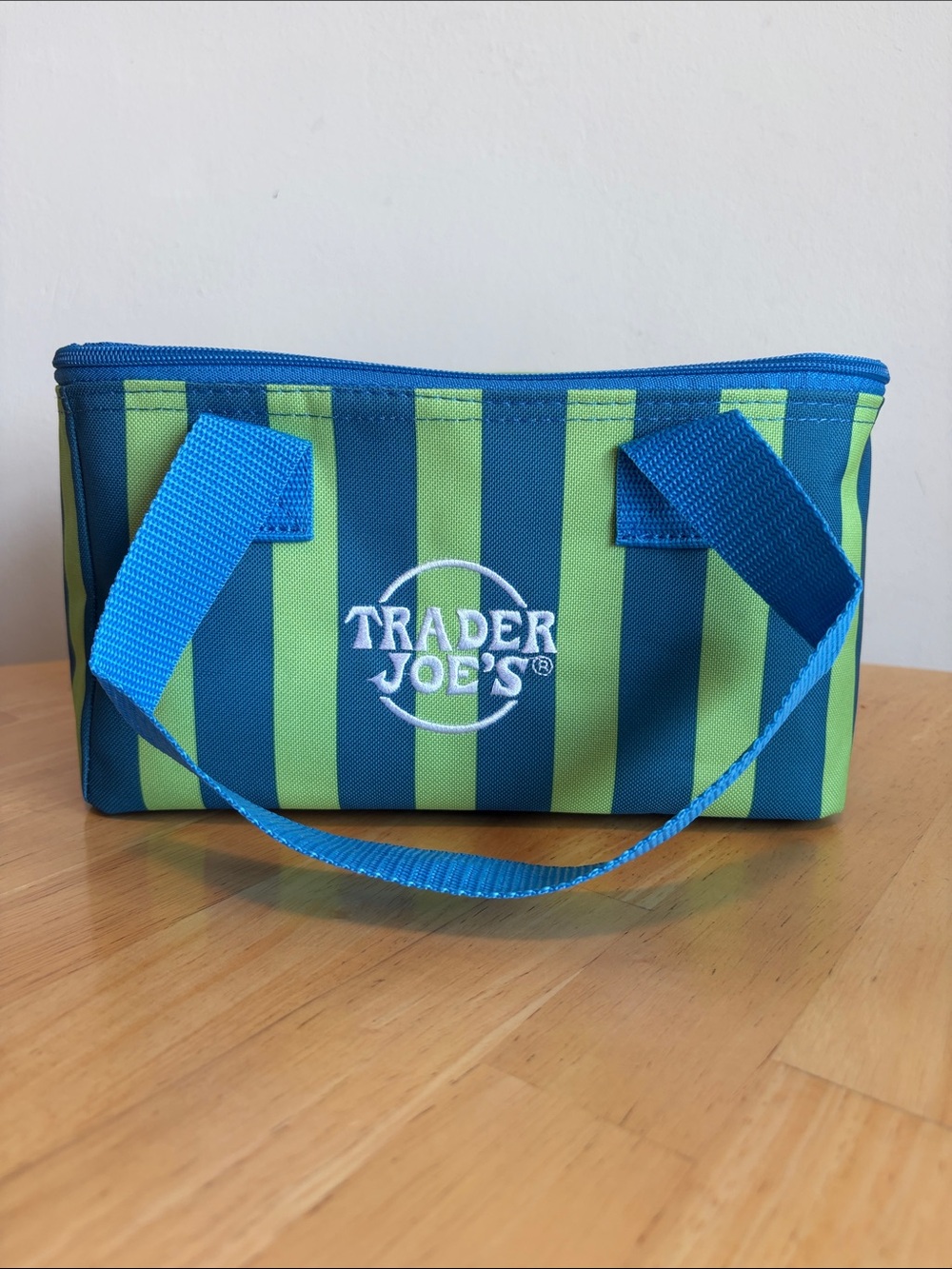New Trader Joe’s Mini -Insulated Tote Green /Blue Stripes